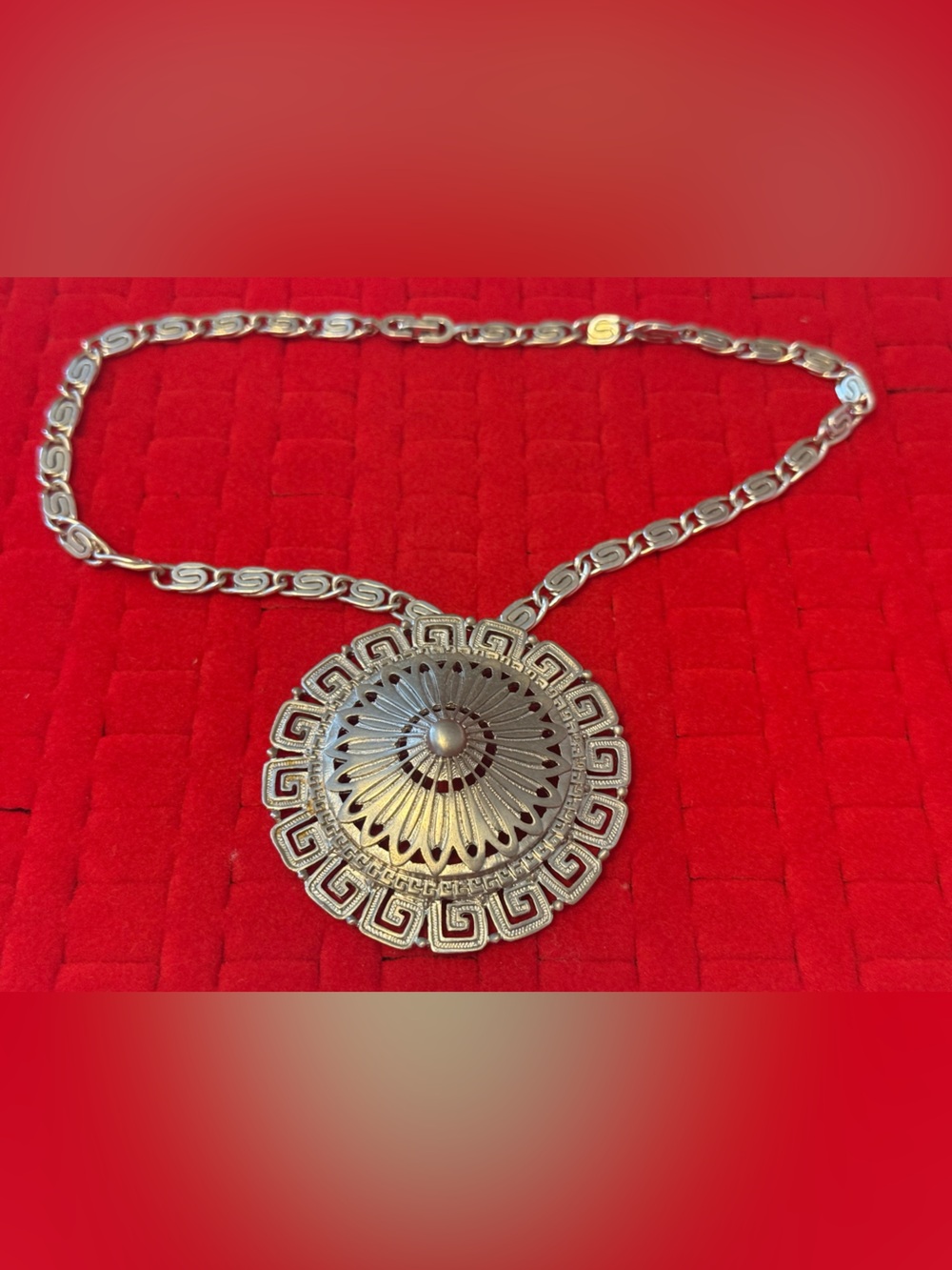 Vintage Monet Silver Tone Medallion Pendant Necklace - Silver